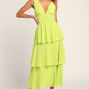 Lulus Celebration Time Lime Green Sleeveless Tiered Midi Dress - Size XL